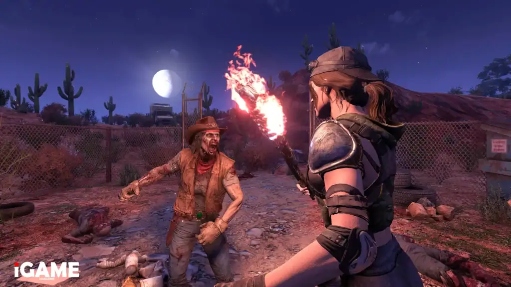 Player fighting a zombie at night in 7 Days to Die 3.0