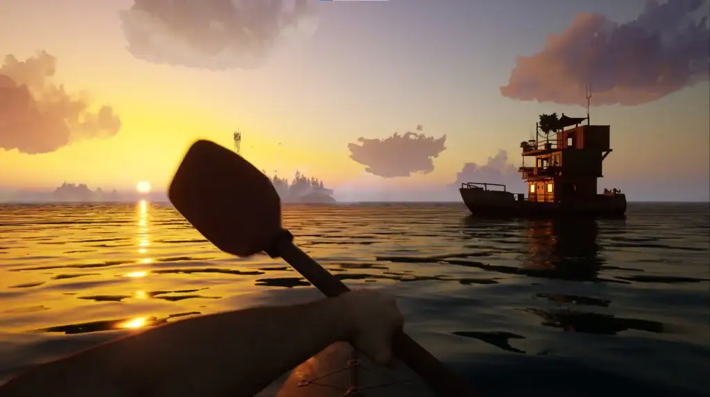 Boat exploration across the ocean in Last Harbor during a sunset