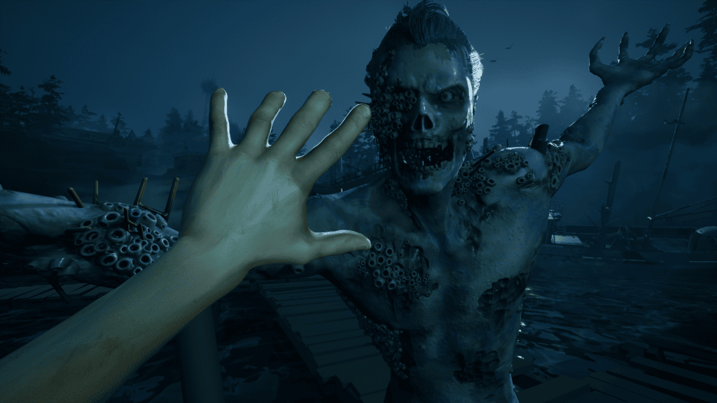 Mutated creature attacking a player in Last Harbor survival horror gameplay