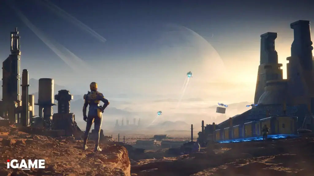 Player overlooking a futuristic colony on an alien planet in SpaceCraft