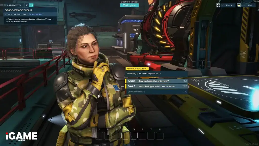 Player speaking with a shipyard NPC aboard a space station in SpaceCraft