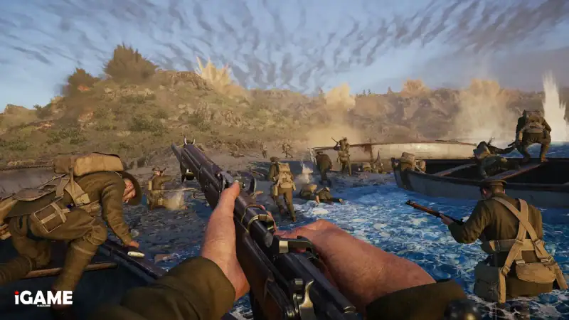 Gallipoli World War I amphibious landing with soldiers storming the shoreline under enemy fire.