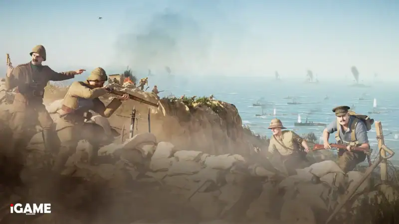 Gallipoli coastal battlefield overlooking naval forces during a World War I assault.
