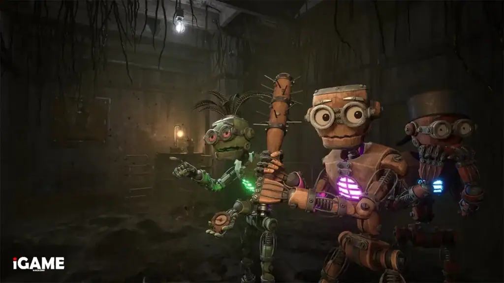 Three robots exploring an abandoned facility in Grain Rot