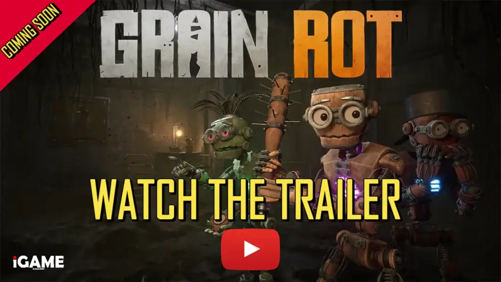 Grain Rot trailer thumbnail showing three wooden robots inside a dark industrial building