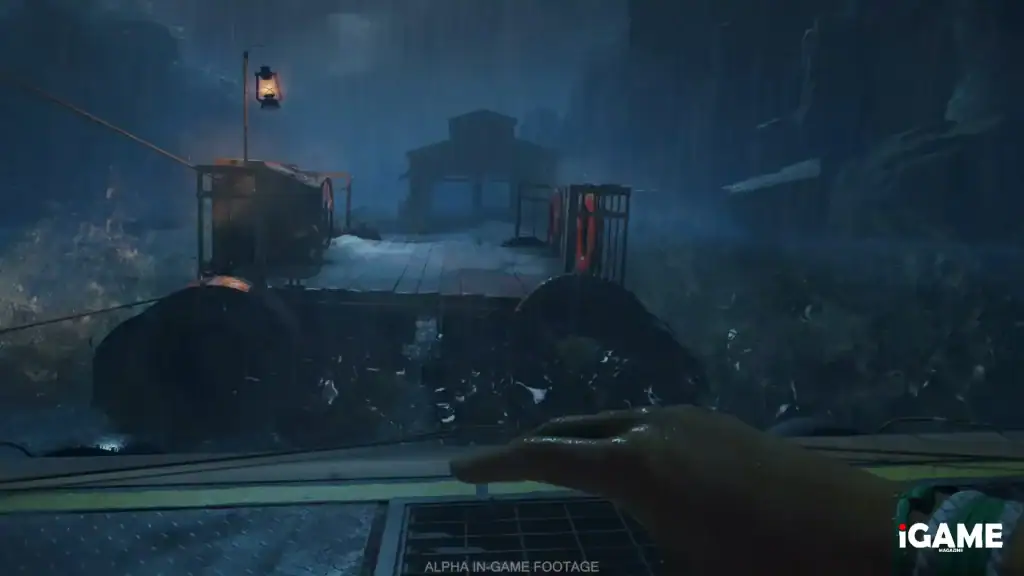 A rain-soaked dock on Isla Nublar at night in Jurassic Park Survival.