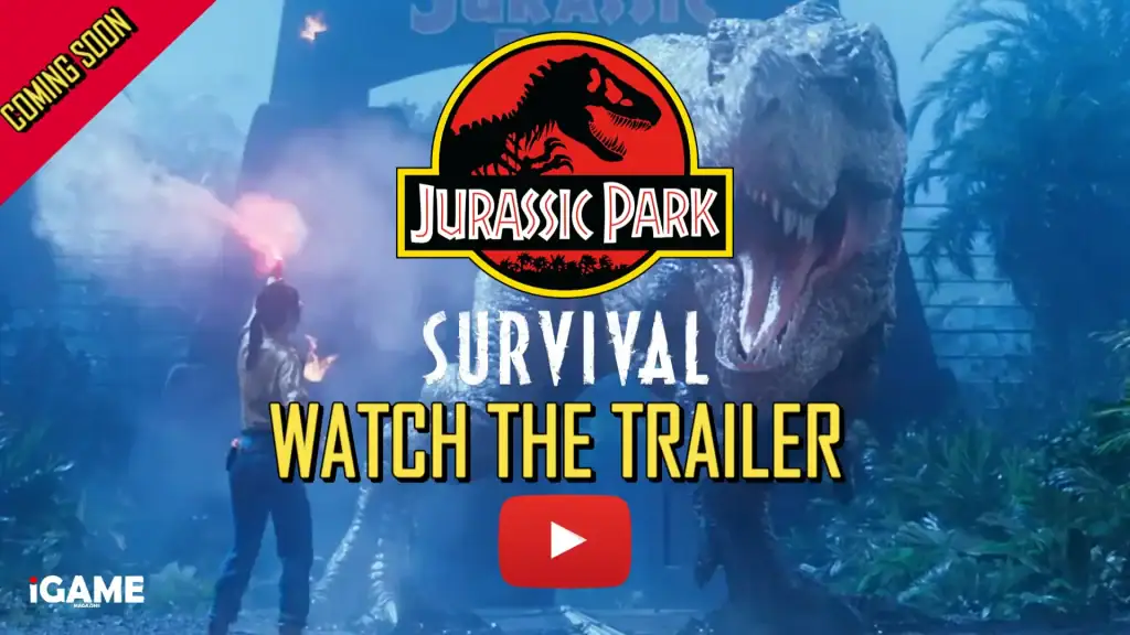 Jurassic Park Survival trailer thumbnail showing a roaring T. rex near the park entrance