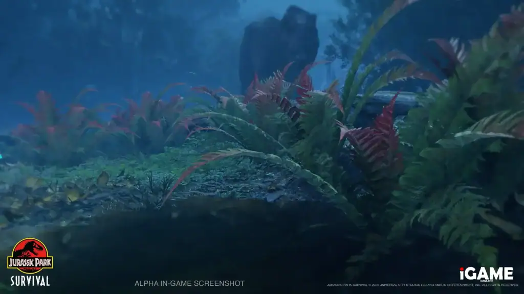 A Tyrannosaurus Rex stalks through dense jungle vegetation in Jurassic Park Survival.