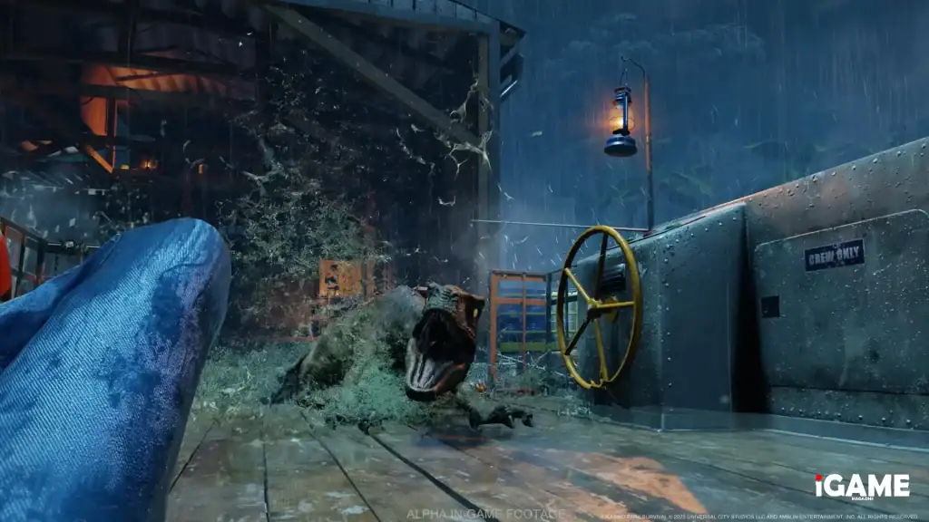 A Velociraptor lunges toward the player during an encounter in Jurassic Park Survival.