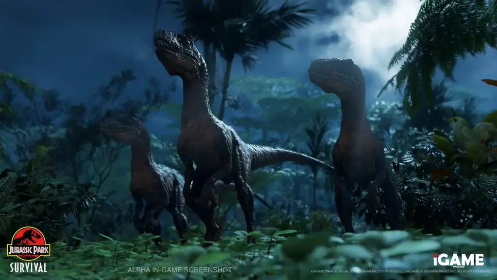 Jurassic Park Survival Velociraptor pack hunting through the jungle at night on Isla Nublar.