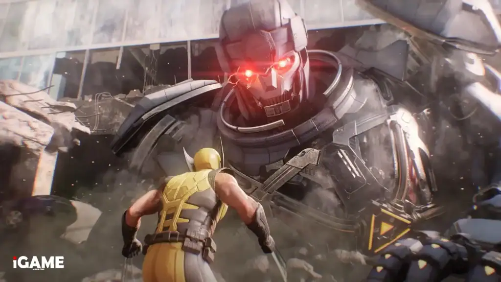 Wolverine confronts a giant Sentinel during a boss battle in Marvel's Wolverine
