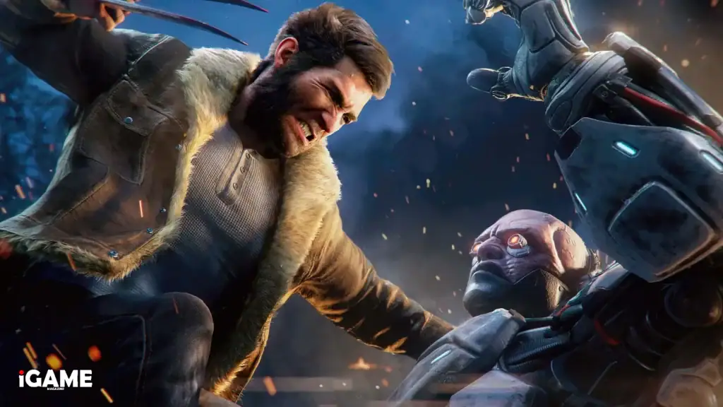 Logan fights a Sentinel in Marvel's Wolverine using his adamantium claws during an intense combat encounter