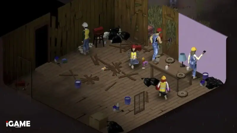 Project Zomboid Build 42 Stable players renovating an abandoned building.