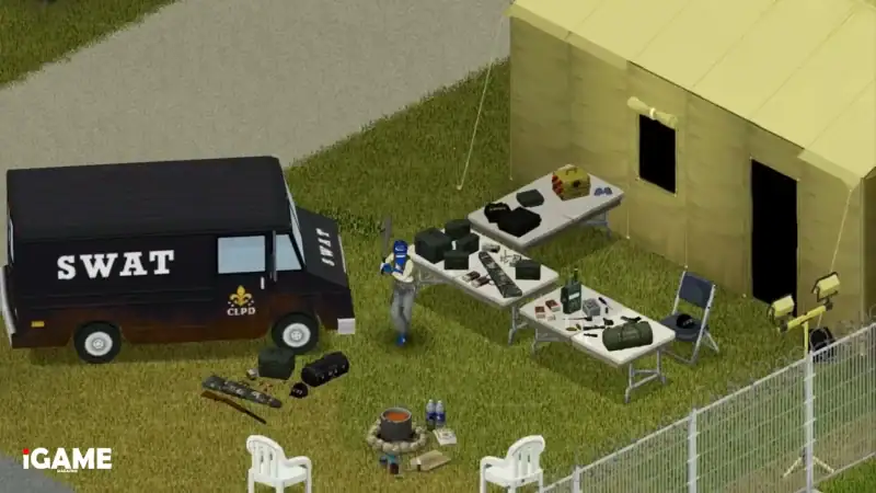Project Zomboid Build 42 Stable survivor equipment and supplies at a temporary base camp.