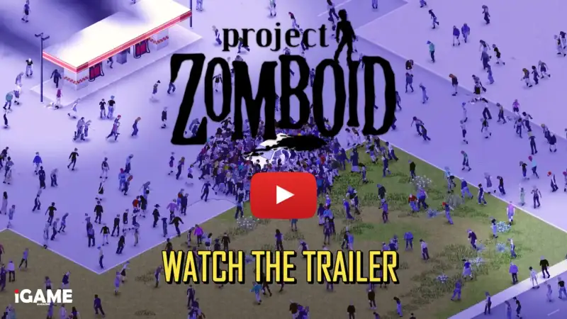 Project Zomboid Build 42 trailer thumbnail showing a large zombie horde surrounding a vehicle