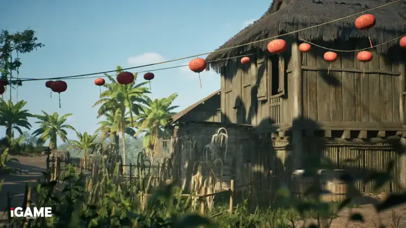 Vietnamese village with traditional wooden buildings and red lanterns in Hell Let Loose: Vietnam