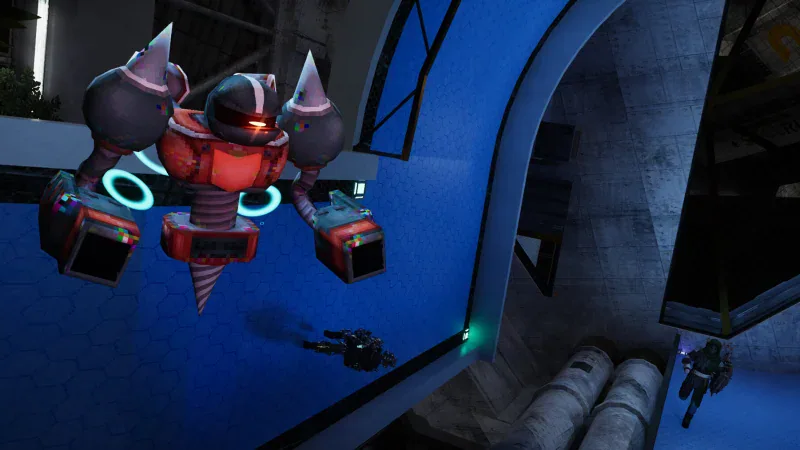 A spiked red robot inside a blue facility corridor in Abiotic Factor: Entropic Break