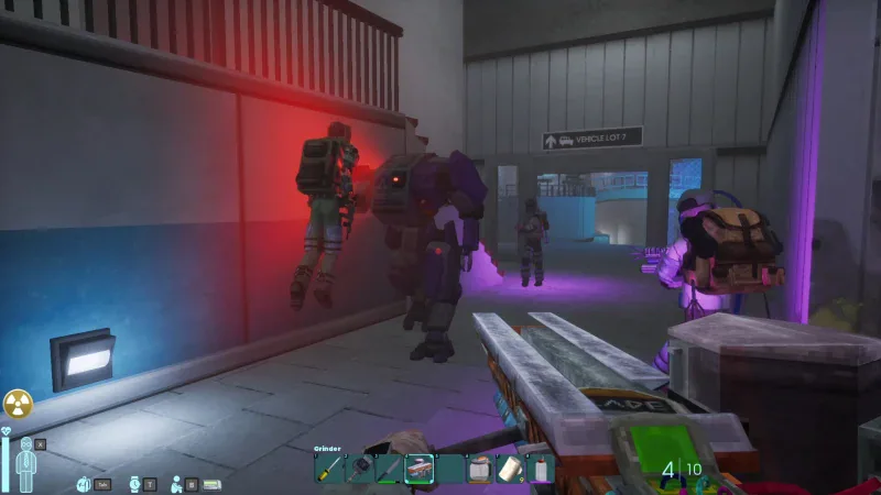 Armed scientists fight creatures in a facility corridor in Abiotic Factor