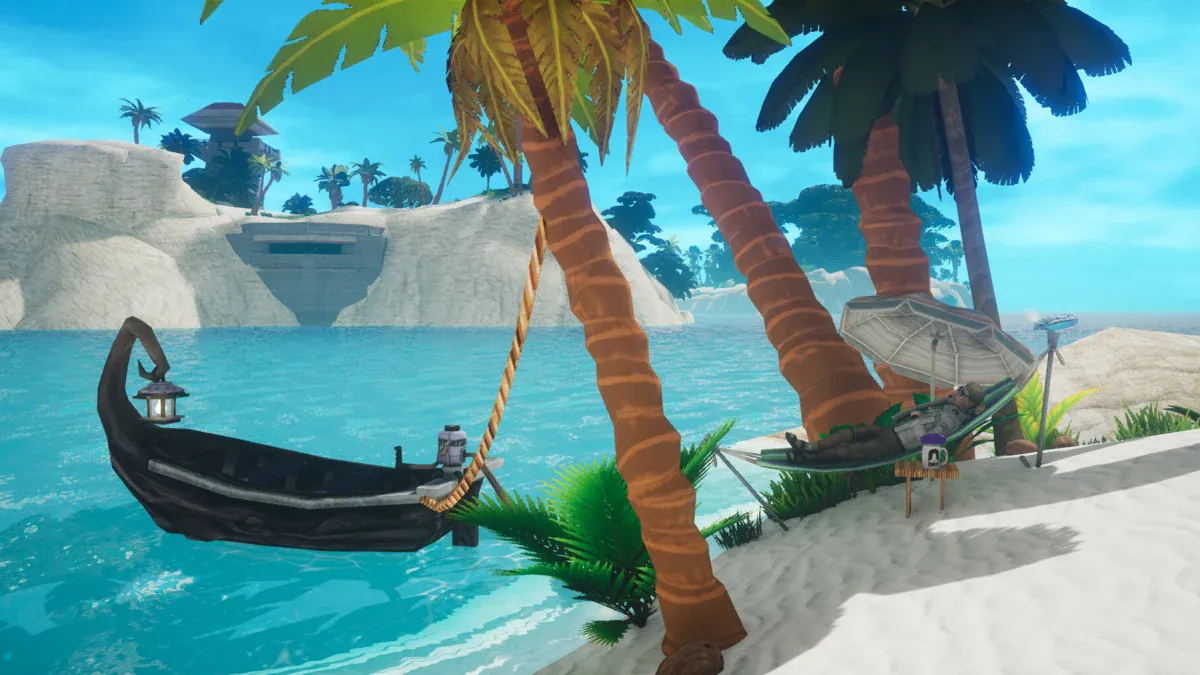 A boat pulled up on a tropical beach under palm trees in Abiotic Factor: Entropic Break