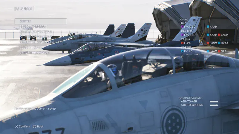 Fighter jets lined up on the runway on the sortie and loadout screen in Ace Combat 8: Wings of Theve
