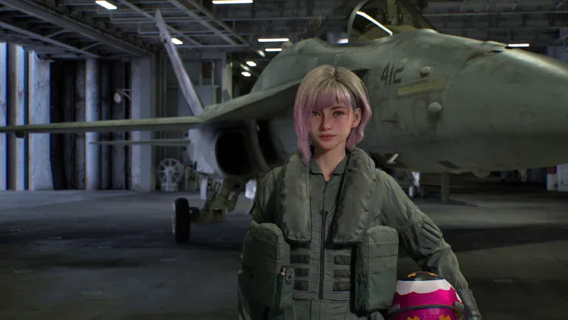 A squadmate holding her helmet stands in front of a fighter jet in the hangar in Ace Combat 8: Wings of Theve