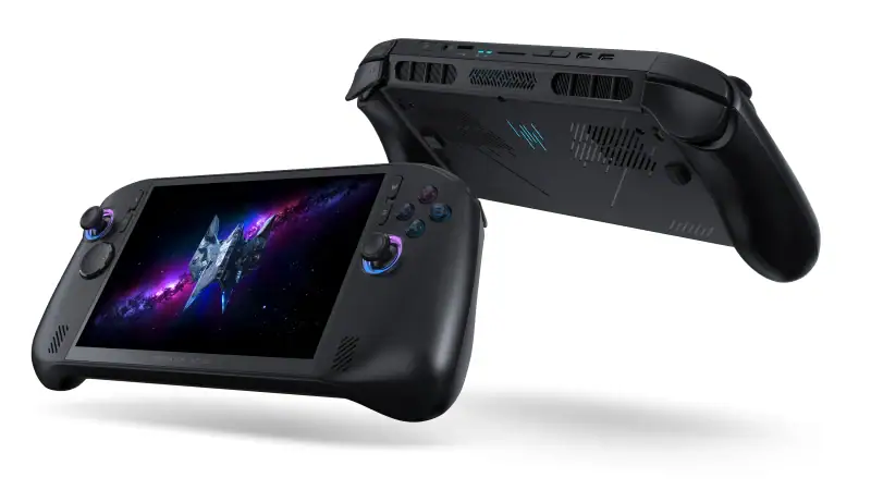 Front and back of the Acer Predator Atlas 8 handheld showing the controls and cooling vents