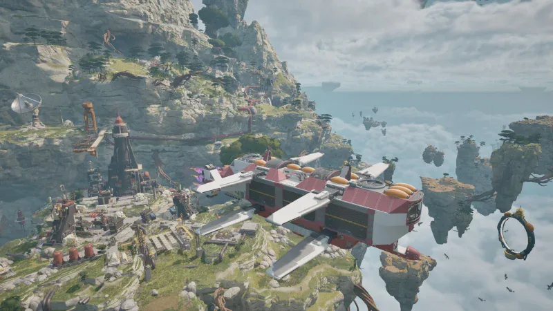 The Cloud Cruiser mobile airbase hovers beside a floating island settlement in ATMOSFAR