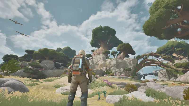 A space-suited explorer with a life-support backpack stands on a grassy floating island in ATMOSFAR