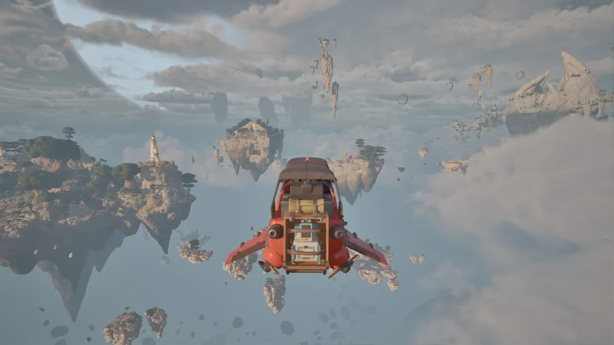 A red Wasp flying craft soars between floating islands above the clouds in ATMOSFAR