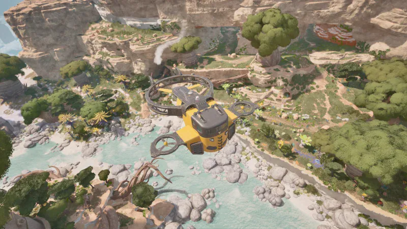 A yellow Wasp with rotor rings hovers above a river island in ATMOSFAR