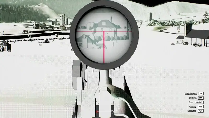 Looking through a rifle scope at a white test range in Ballistic.exe