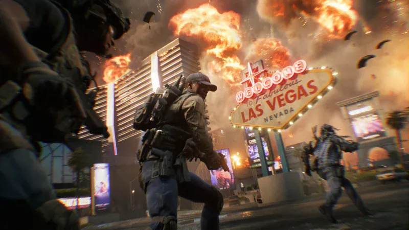 Soldiers storm past the Welcome to Las Vegas sign in Battlefield 6 Season 5