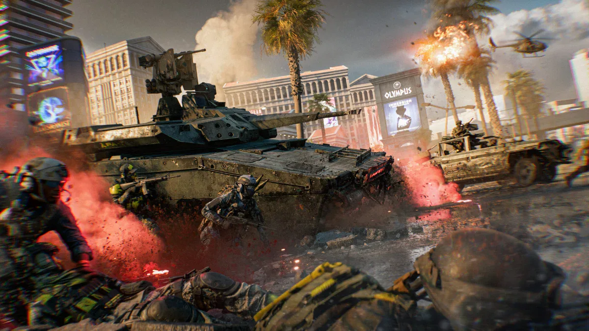 A tank rolls down the Las Vegas Strip under fire as soldiers advance in Battlefield 6 Season 5