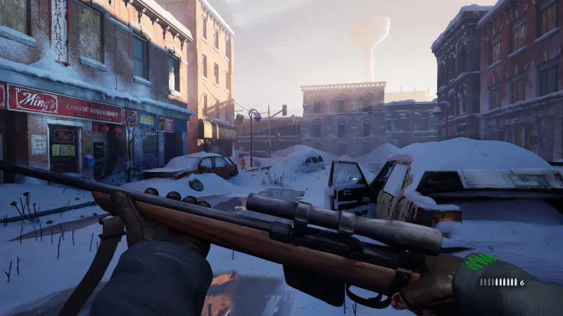 A survivor aims a hunting rifle down a snowy street in the city of Harmont in BLACKFROST