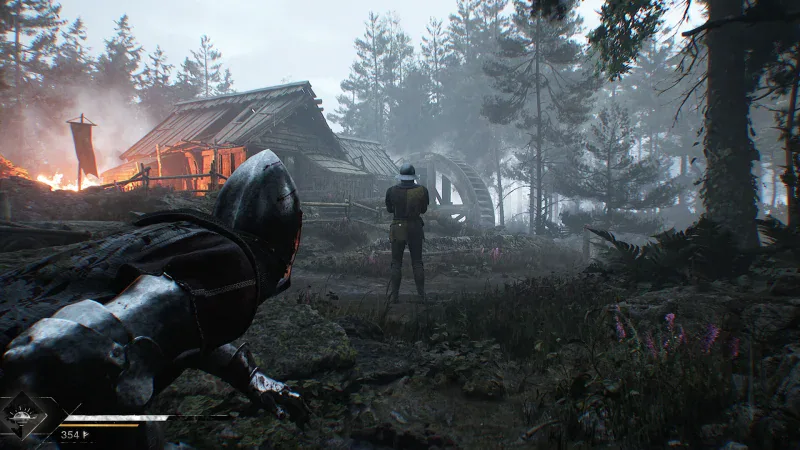 Knights move through a misty forest past a burning mill in Blight: Survival