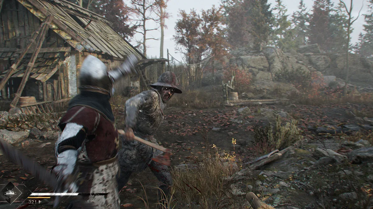 An armoured knight fights an infected man in a helmet outside a ruined house in Blight: Survival