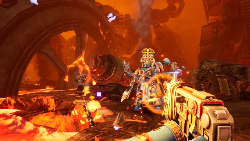 A Space Marine aims a bolter at a Chaos warrior in a molten forge in Warhammer 40,000: Boltgun 2