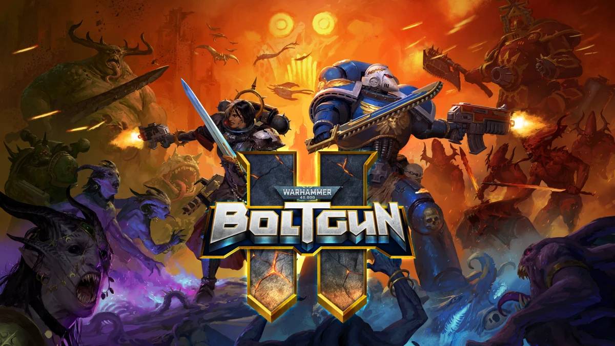 Warhammer 40,000: Boltgun 2 key art of Malum Caedo and Nyra Veyrath fighting the forces of Chaos