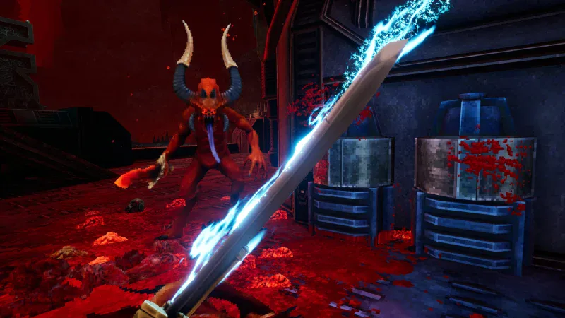 A crackling power sword faces a Khorne daemon in a blood-red hall in Warhammer 40,000: Boltgun 2
