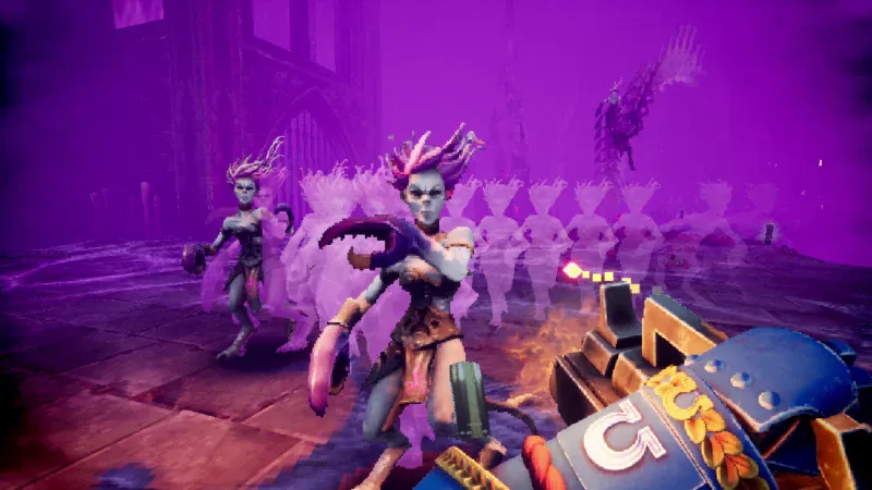 Slaanesh daemonettes charge through a purple arena in Warhammer 40,000: Boltgun 2