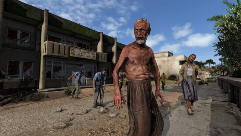 Infected walk down a sunlit street in Nasdara in DayZ Badlands