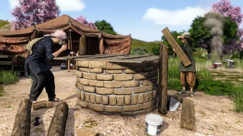 Two survivors rebuild a stone well with planks in a Nasdara village in DayZ Badlands