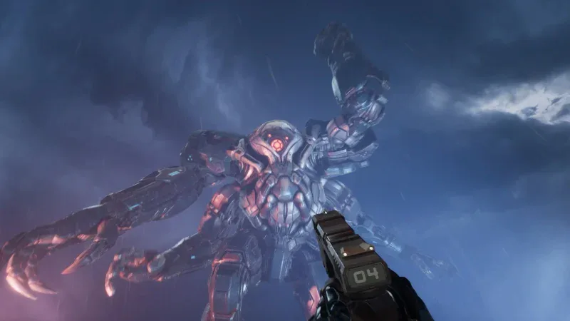 A giant tentacled machine looms over the player in Deadzone Rogue 2
