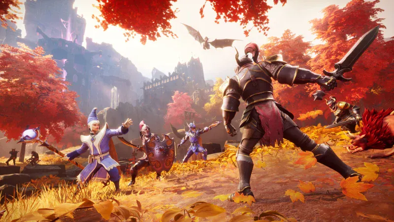An armoured warrior with a greatsword charges goblins under red autumn trees in RuneScape: Dragonwilds