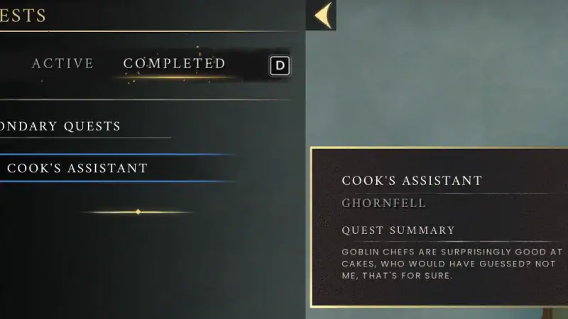 The new Completed Quests tab in RuneScape: Dragonwilds 1.0.1, showing the Cook's Assistant quest summary
