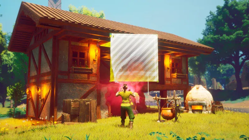 A player-built timber house and campfire in RuneScape Dragonwilds