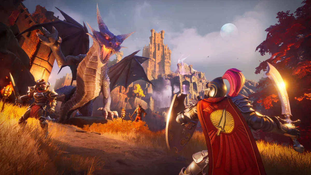RuneScape Dragonwilds update: heroes face a dragon outside a ruined castle