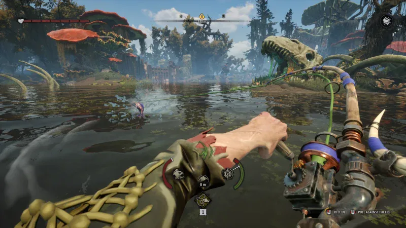 A fishing rod held over a swamp as a monstrous fish rises in DREADMOOR