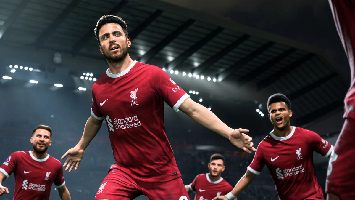 Liverpool players celebrate a goal in EA Sports FC 24
