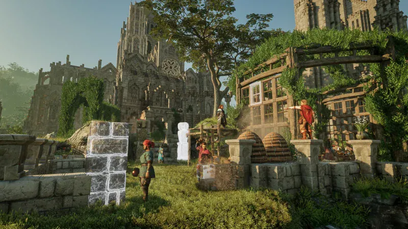 Players build a stone base among overgrown ruins in Enshrouded